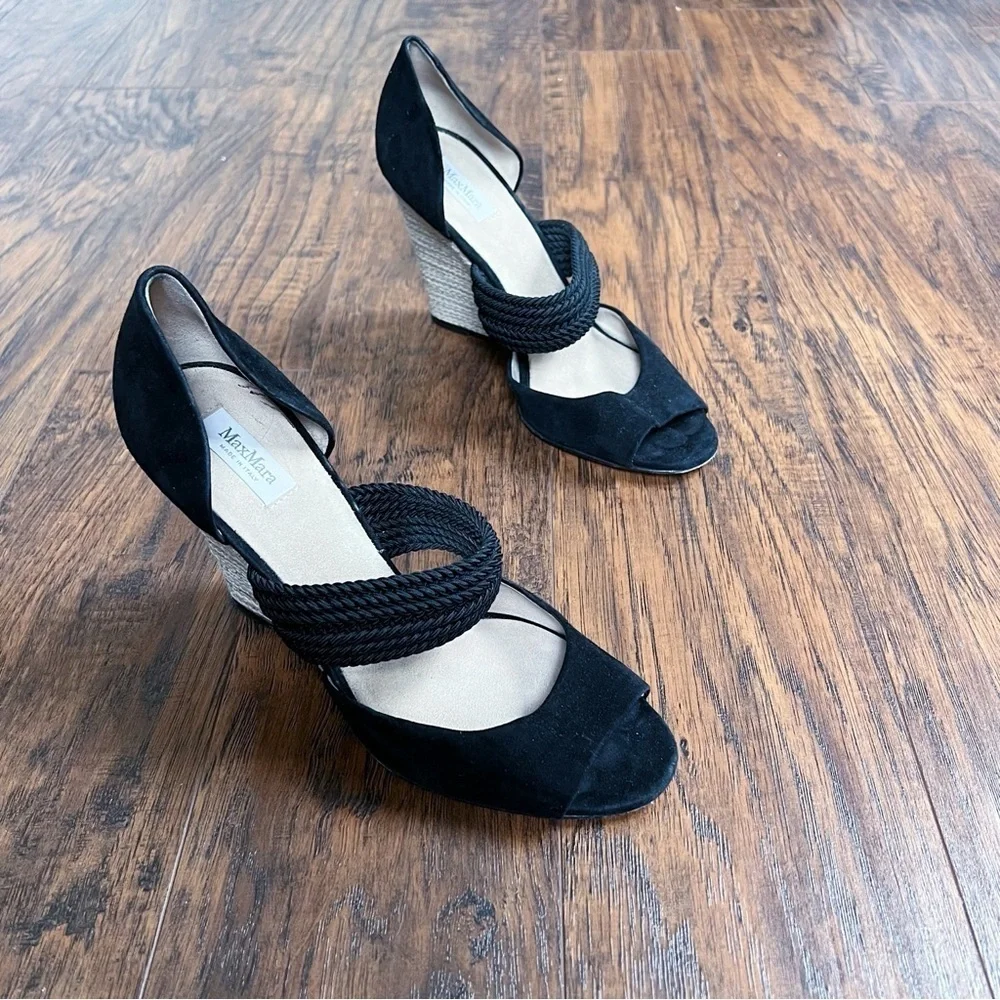 Max Mara • d'orsay wedge heels black suede braided jute open toe sandal